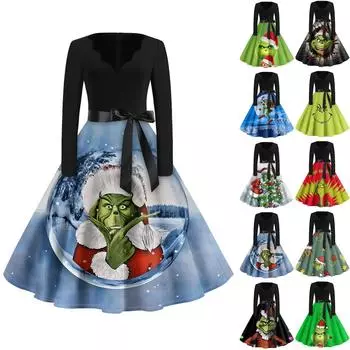 Женское повседневное модное длинное платье с V-образным вырезом и длинным рукавом с рождественским принтом в винтажном стиле S чёрный