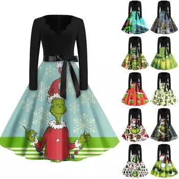 Женское повседневное модное длинное платье с V-образным вырезом и длинным рукавом с рождественским принтом в винтажном стиле XXXL