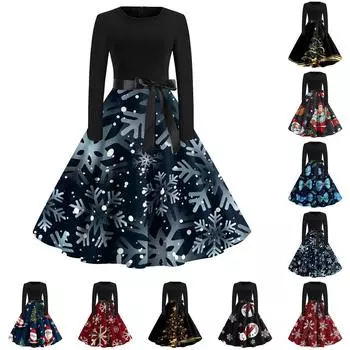 Женское повседневное модное длинное платье с круглым вырезом и длинным рукавом с рождественским принтом L чёрный