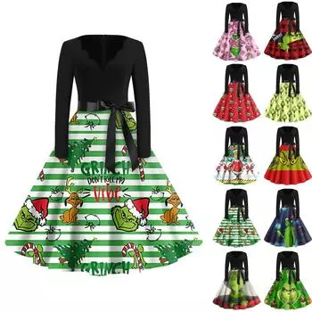 Женское повседневное модное длинное платье с V-образным вырезом и длинным рукавом с рождественским принтом в винтажном стиле XXL винный