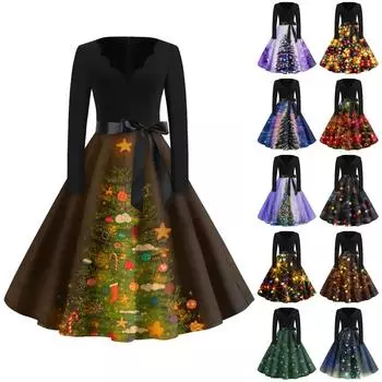 Женское повседневное модное длинное платье с V-образным вырезом и длинным рукавом с рождественским принтом в винтажном стиле L синий