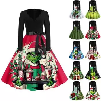 Женское повседневное модное длинное платье с V-образным вырезом и длинным рукавом с рождественским принтом в винтажном стиле L армия зеленый
