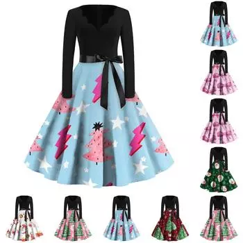 Женское повседневное модное длинное платье с V-образным вырезом и длинным рукавом с рождественским принтом в винтажном стиле XL розовый