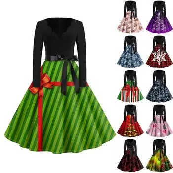 Женское повседневное модное длинное платье с V-образным вырезом и длинным рукавом с рождественским принтом в винтажном стиле M фиолетовый