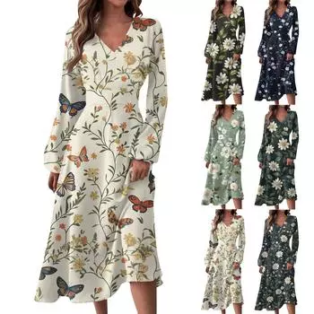 Женское повседневное модное длинное платье с V-образным вырезом и длинным рукавом с цветочным принтом L армия зеленый