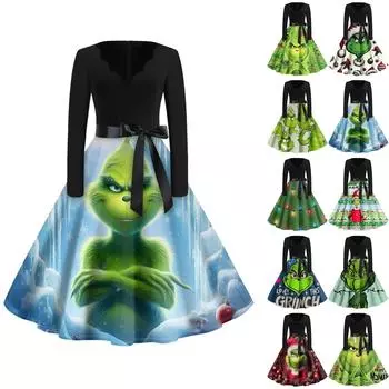 Женское повседневное модное длинное платье с V-образным вырезом и длинным рукавом с рождественским принтом в винтажном стиле XL