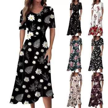 Женское повседневное модное длинное свободное платье с v-образным вырезом и коротким рукавом на талии L чёрный