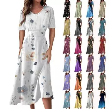 Женское повседневное модное длинное свободное платье с v-образным вырезом и коротким рукавом на талии с цветочным принтом L чёрный