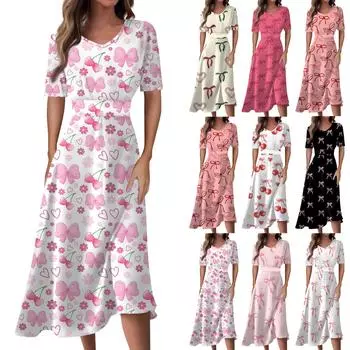 Женское повседневное модное длинное свободное платье с v-образным вырезом и коротким рукавом на талии L чёрный