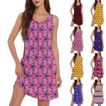 Женское повседневное модное дышащее платье-жилет с принтом «День независимости» и разрезом на кармане L синий