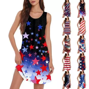 Женское повседневное модное дышащее платье-жилет с принтом «День независимости» и разрезом на кармане L