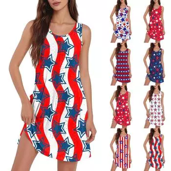 Женское повседневное модное дышащее платье-жилет с принтом «День независимости» и разрезом на кармане L
