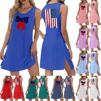 Женское повседневное модное дышащее платье-жилет с принтом «День независимости» и разрезом на кармане S чёрный