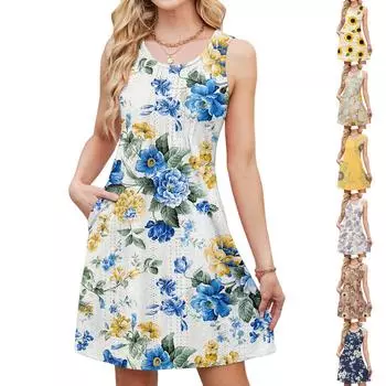 Женское повседневное модное дышащее платье-жилет с цветочным принтом и карманами XL