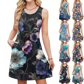 Женское повседневное модное дышащее платье-жилет с цветочным принтом и карманами M синий