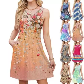 Женское повседневное модное дышащее платье-жилет с цветочным принтом и карманами M