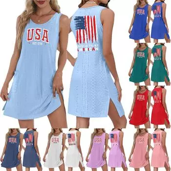 Женское повседневное модное дышащее платье-жилет с принтом «День независимости» и разрезом на кармане L чёрный