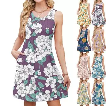 Женское повседневное модное дышащее платье-жилет с цветочным принтом и карманами L жёлтый