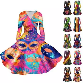 Женское повседневное модное карнавальное платье с длинным рукавом и V-образным вырезом, сексуальное платье с карманами L армия зеленый