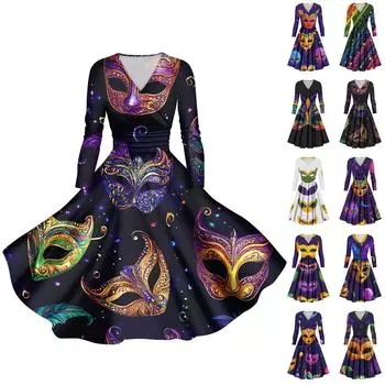 Женское повседневное модное карнавальное платье с длинным рукавом и V-образным вырезом, сексуальное платье с карманами L чёрный