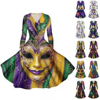 Женское повседневное модное карнавальное платье с длинным рукавом и V-образным вырезом, сексуальное платье с карманами L синий