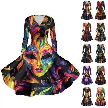 Женское повседневное модное карнавальное платье с длинным рукавом и V-образным вырезом, сексуальное платье с карманами L синий