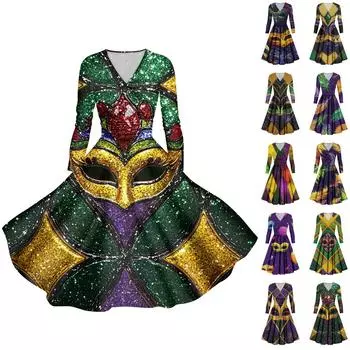 Женское повседневное модное карнавальное платье с длинным рукавом и V-образным вырезом, сексуальное платье с карманами L