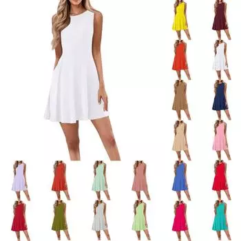 Женское повседневное модное круглое платье без рукавов с короткими рукавами XL