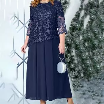 Женское повседневное модное кружевное лоскутное платье средней длины с вышивкой L тёмно-синий