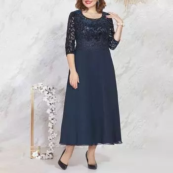 Женское повседневное модное кружевное лоскутное платье средней длины с вышивкой тёмно-синий