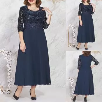 Женское повседневное модное кружевное лоскутное платье средней длины с вышивкой L тёмно-синий