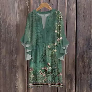 Женское повседневное модное летнее элегантное струящееся свободное платье с V-образным вырезом L армия зеленый