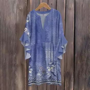 Женское повседневное модное летнее элегантное струящееся свободное платье с V-образным вырезом L синий