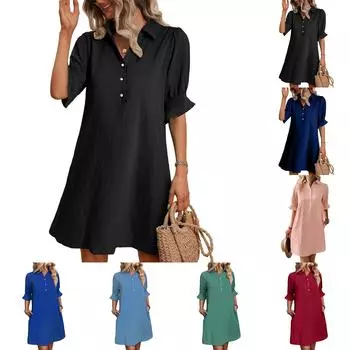 Женское повседневное модное летнее свободное однотонное платье с пуговицами и коротким рукавом L синий