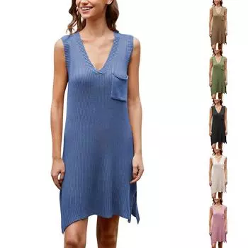 Женское повседневное модное новое свободное платье большого размера без рукавов с v-образным вырезом и разрезом L бежевый