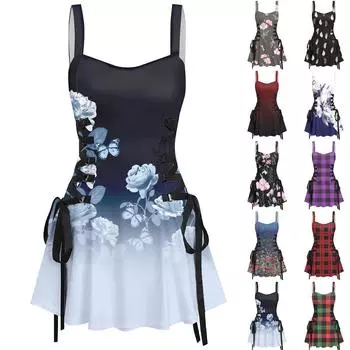 Женское повседневное модное обычное печатное сексуальное короткое платье на бретелях в стиле ретро, юбка в стиле ретро L чёрный