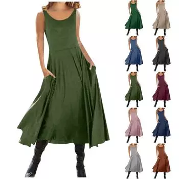 Женское повседневное модное однотонное длинное платье без рукавов без рукавов XXXL