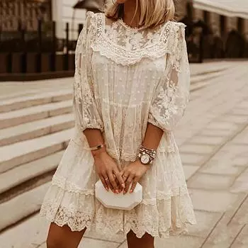 Женское повседневное модное однотонное кружевное платье средней длины с рукавами 3/4 XL белый