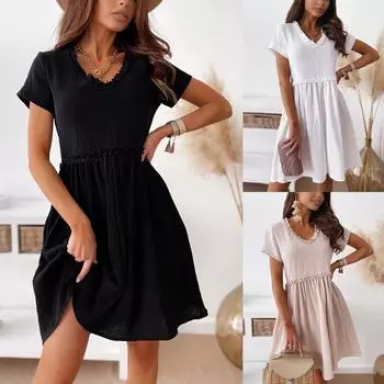 Женское повседневное модное однотонное кружевное платье с v-образным вырезом и высокой талией и коротким рукавом S бежевый