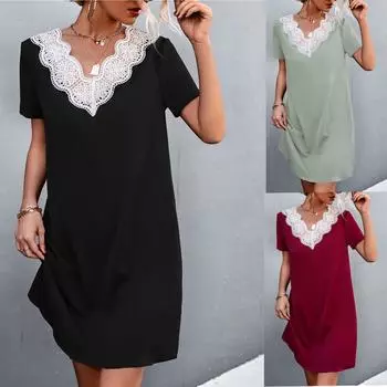 Женское повседневное модное однотонное кружевное свободное шифоновое платье с v-образным вырезом и короткими рукавами M зелёный