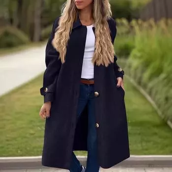 Женское повседневное модное однотонное пальто с лацканами, длинными рукавами, воротником на пуговицах, шерстяная куртка L чёрный