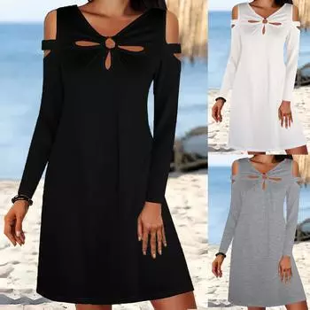 Женское повседневное модное однотонное платье 2022 года с длинным рукавом без бретелек L чёрный