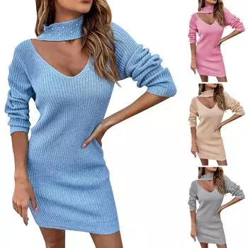Женское повседневное модное однотонное платье 2022 года с длинным рукавом, вязаное платье-свитер S синий