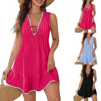 Женское повседневное модное однотонное платье без рукавов с оборками и кружевной отделкой XL чёрный