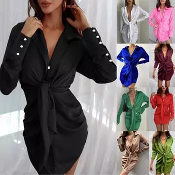 Женское повседневное модное однотонное платье с поясом и пуговицами на талии с длинными рукавами и лацканами XL зелёный