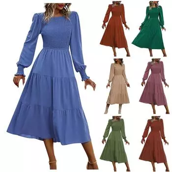 Женское повседневное модное однотонное сексуальное приталенное платье средней длины с длинным рукавом и закрытой талией XL синий