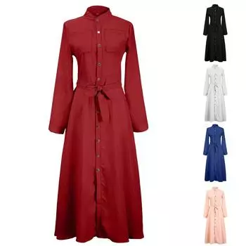 Женское повседневное модное однотонное сексуальное приталенное длинное платье с длинными рукавами и пуговицами L чёрный