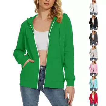 Женское повседневное модное однотонное свободное пальто с длинным рукавом и карманом на молнии с капюшоном L светло-серый