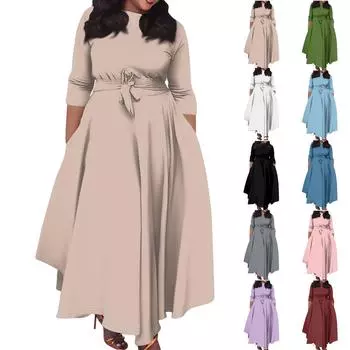 Женское повседневное модное однотонное свободное платье большого размера с круглым вырезом и рукавами три четверти на карманных бретелях XL красный