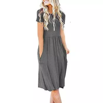 Женское повседневное модное однотонное свободное платье с коротким рукавом и круглым вырезом L